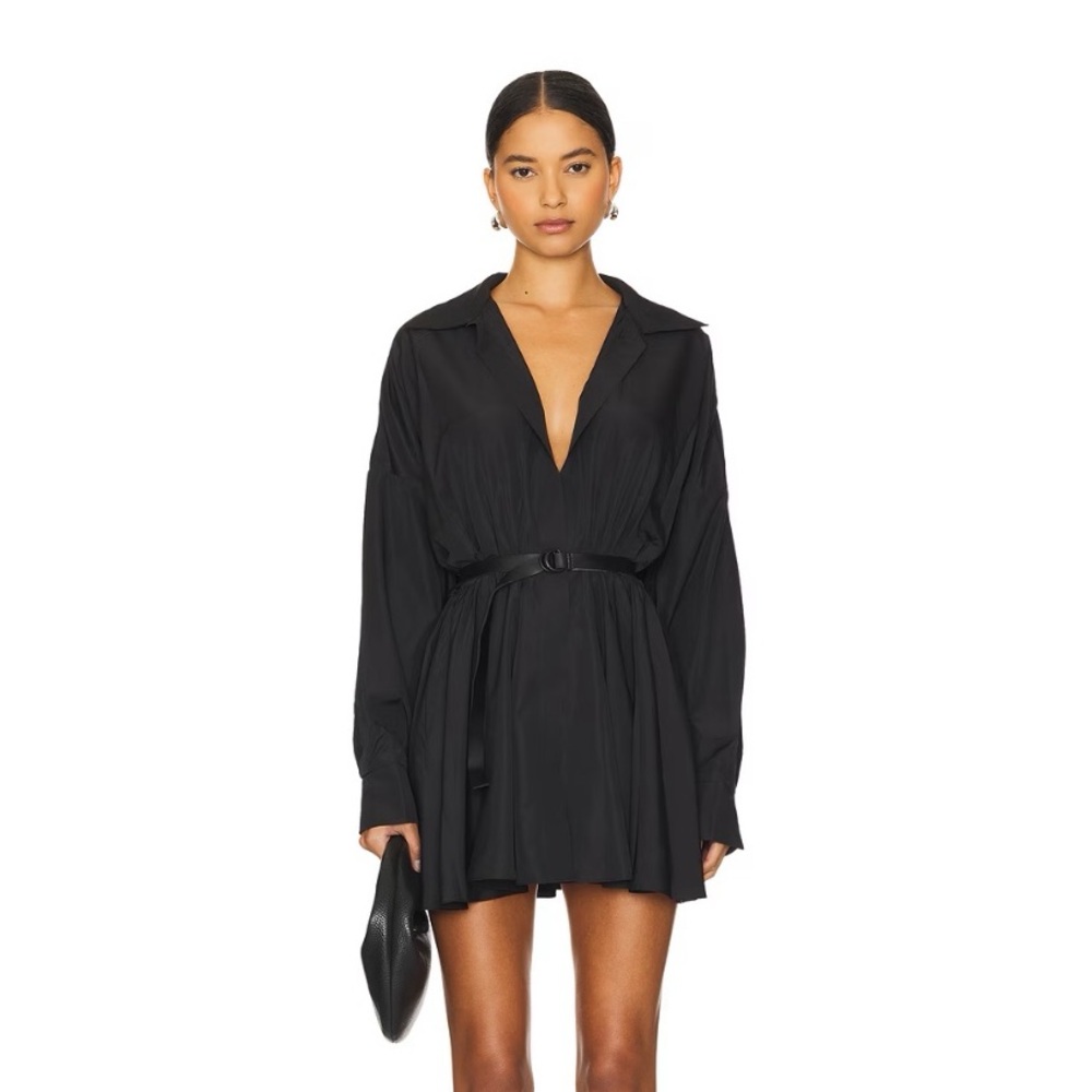 Norma Kamali Oversized Shirt Flared Mini Dress in Black XS